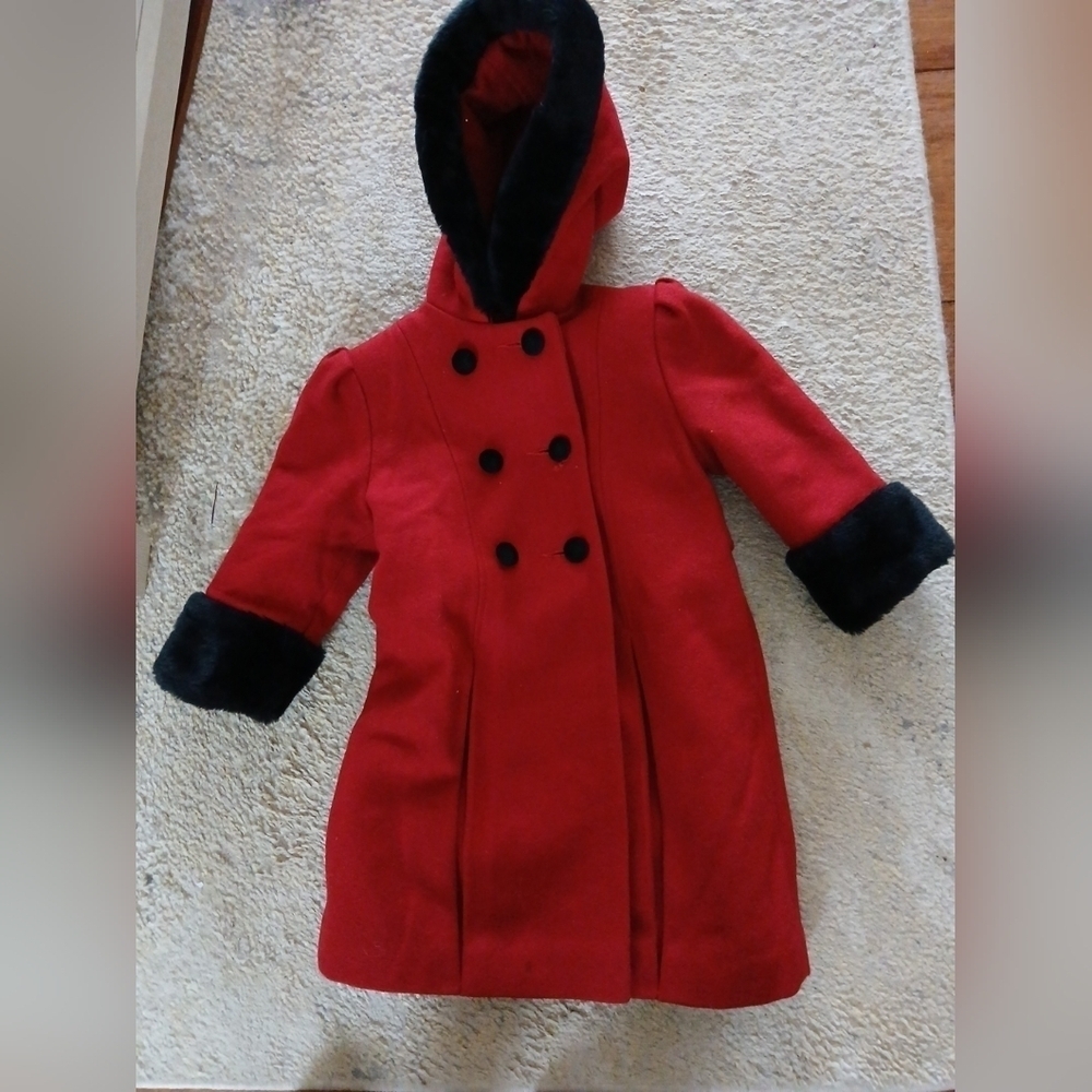 Stephanie Matthew's Hooded  Girl's Red Wool Double Breasted Coat Size 2T